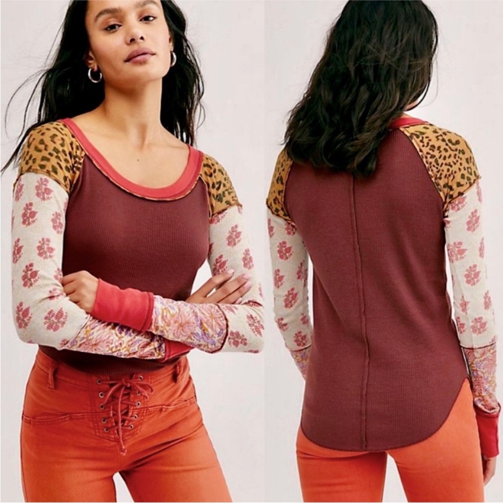 Free People Mixed-Print Layered Long Sleeve Top in Burgundy, Rust, Cream